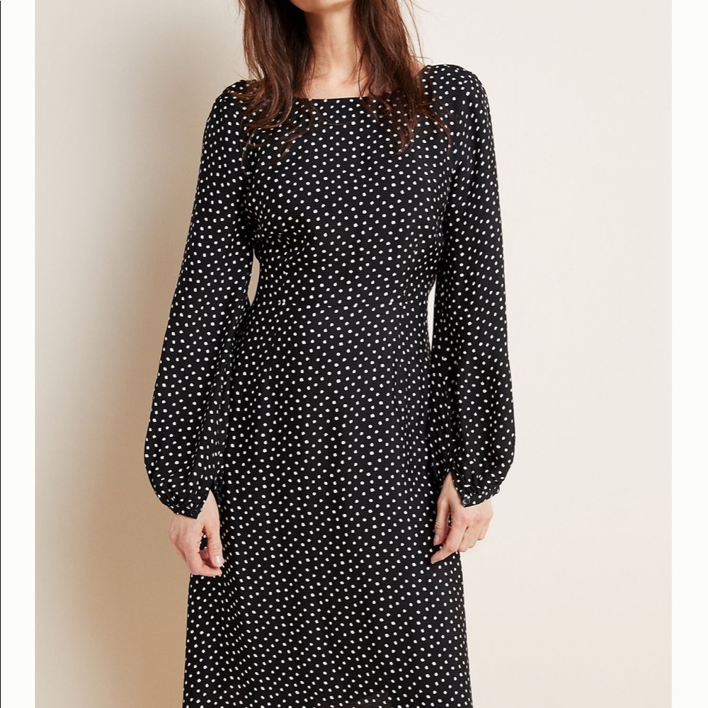NWT Anthropologie Agatha Polka Dot Midi Dress Size 10 Puff Sleeve Cutout Black - Picture 9 of 11